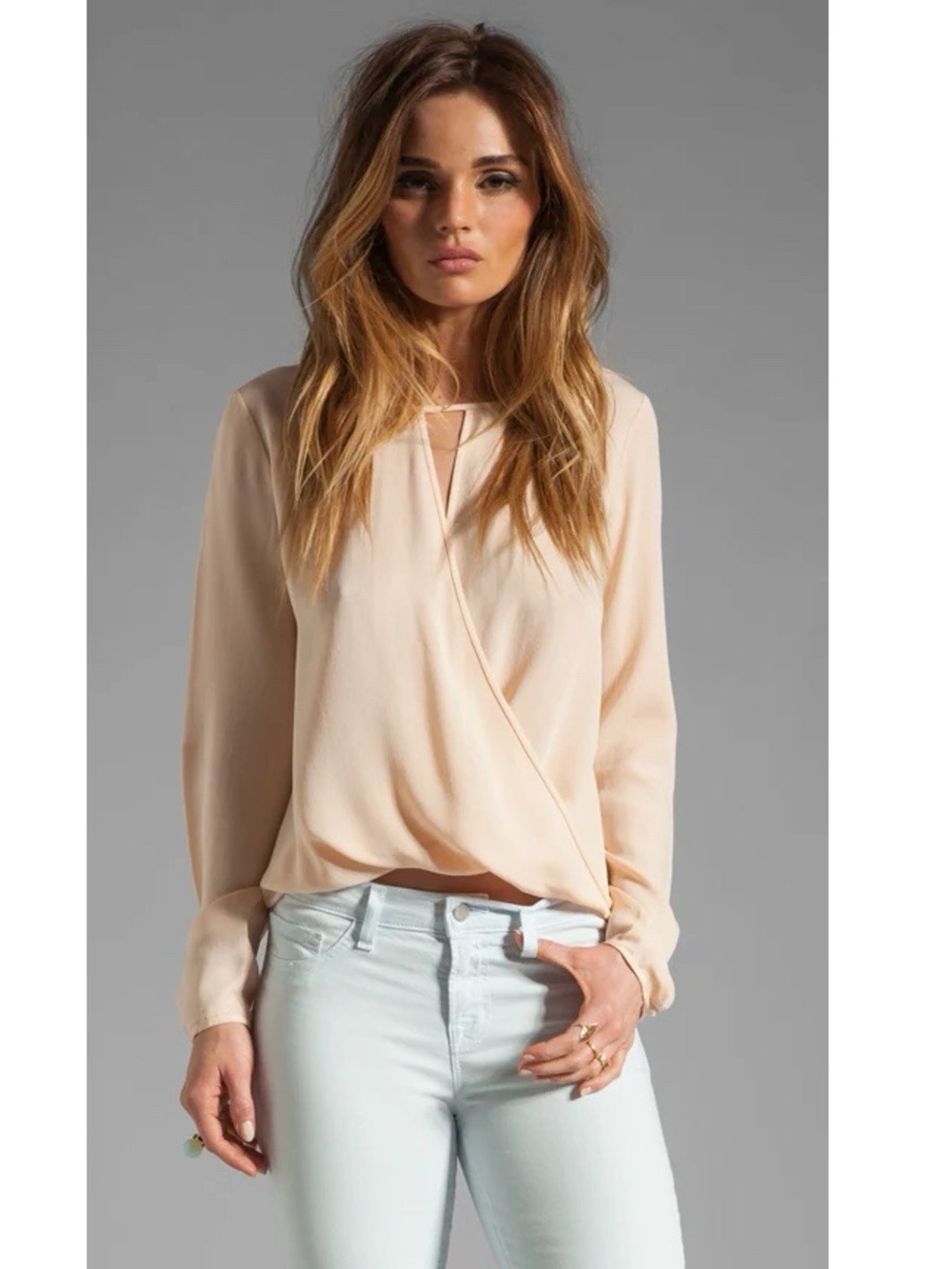 Theory Woman Pastel Peach 100% Silk Wrap Long Sleeve Top XS Preppy Classic